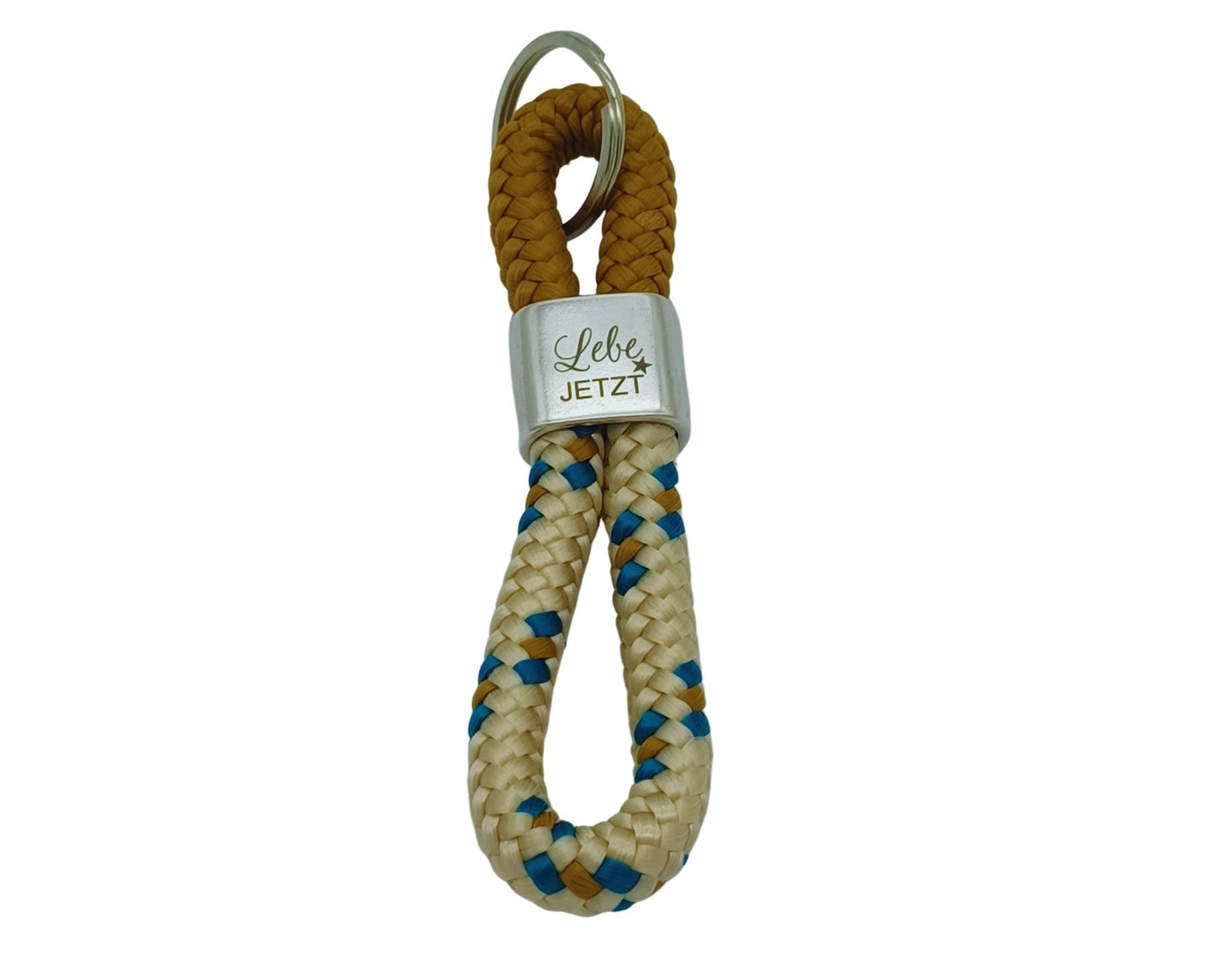 Segelseil 8er Schlüsselanhänger 10mm, braun/ creme grün, Lebe jetzt