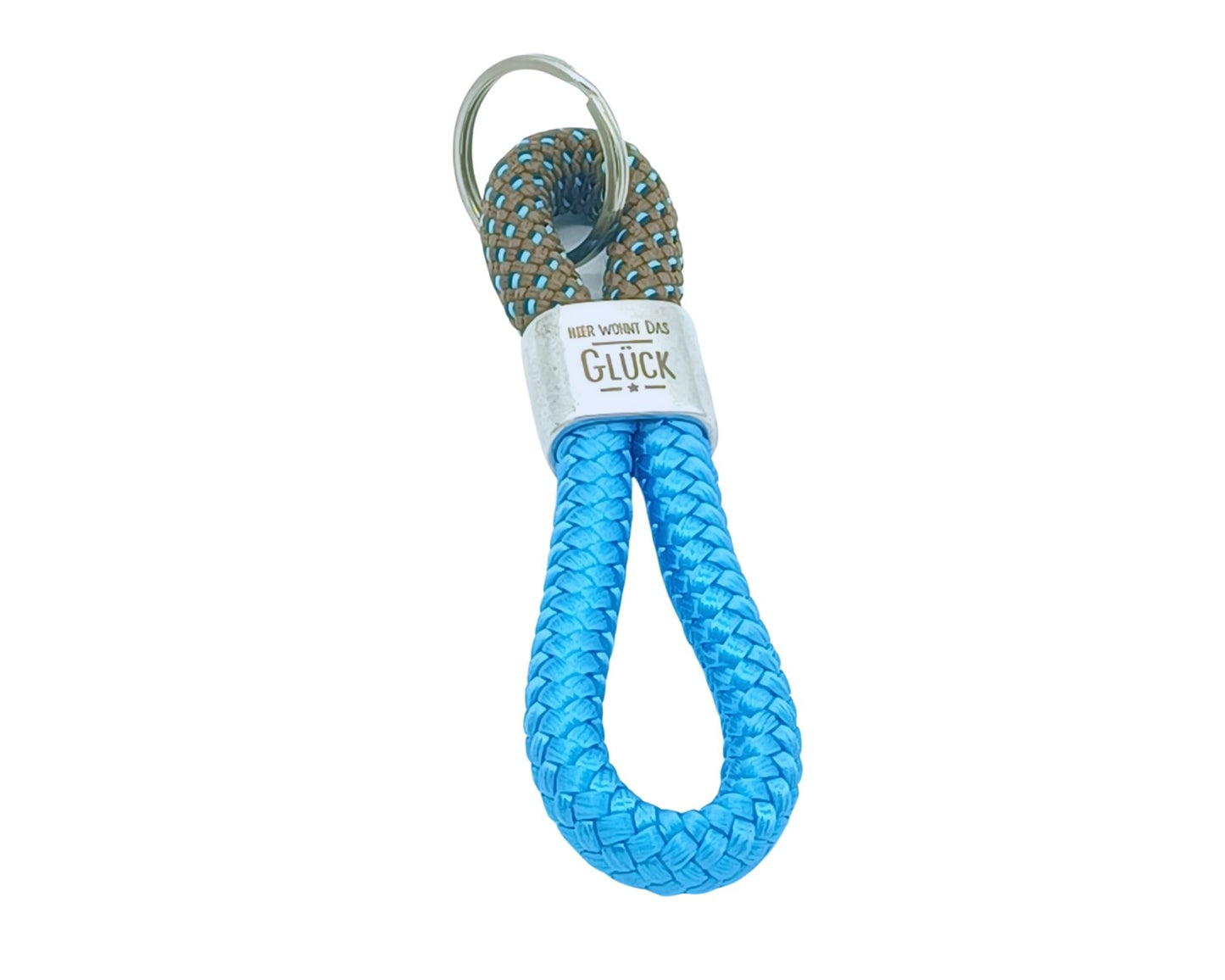 Segelseil 8er Schlüsselanhänger 10mm, türkis/ türkis meliert, hier wohnt das Glück