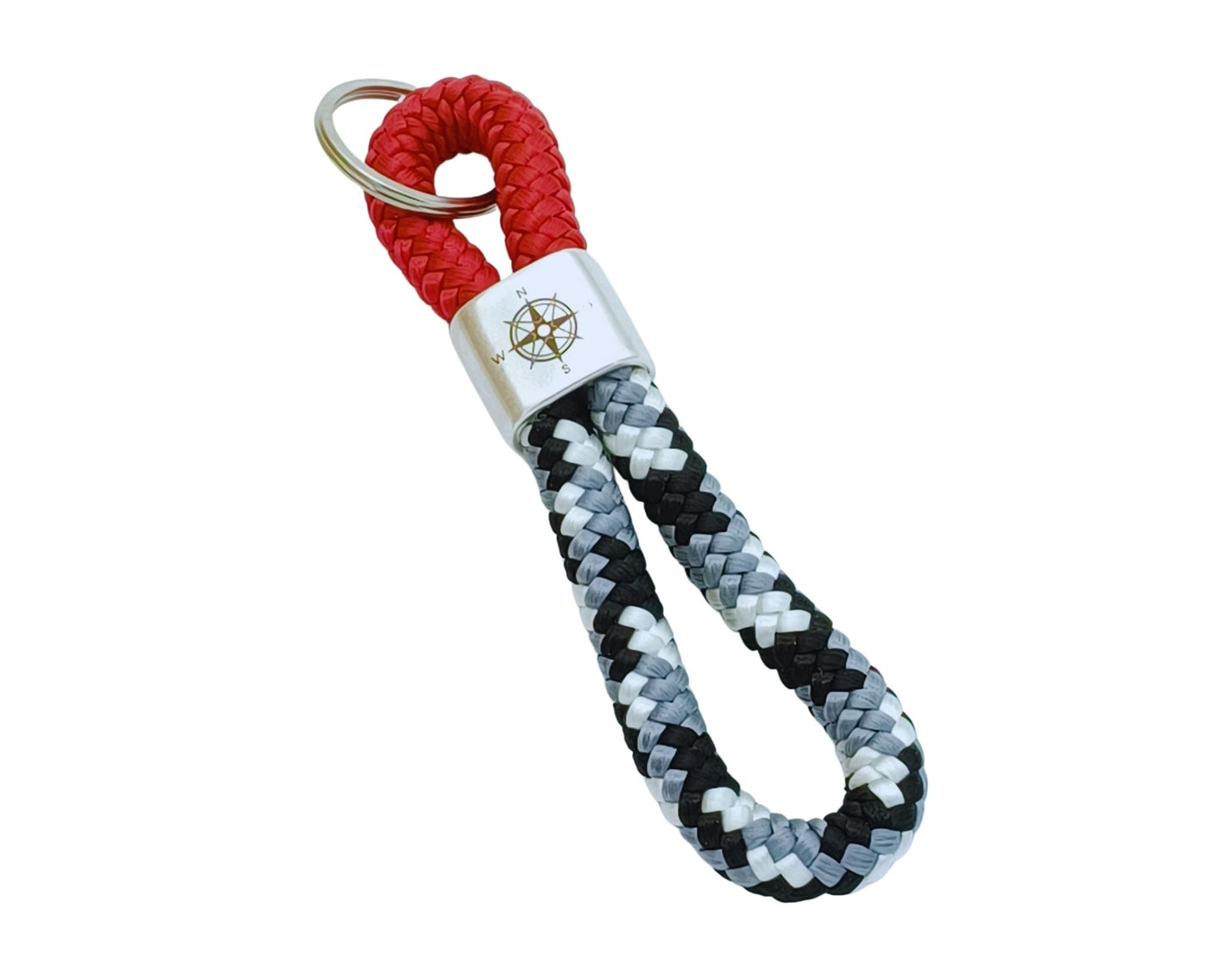 Segelseil 8er Schlüsselanhänger 10mm, schwarzweiß grau / rot, Kompass